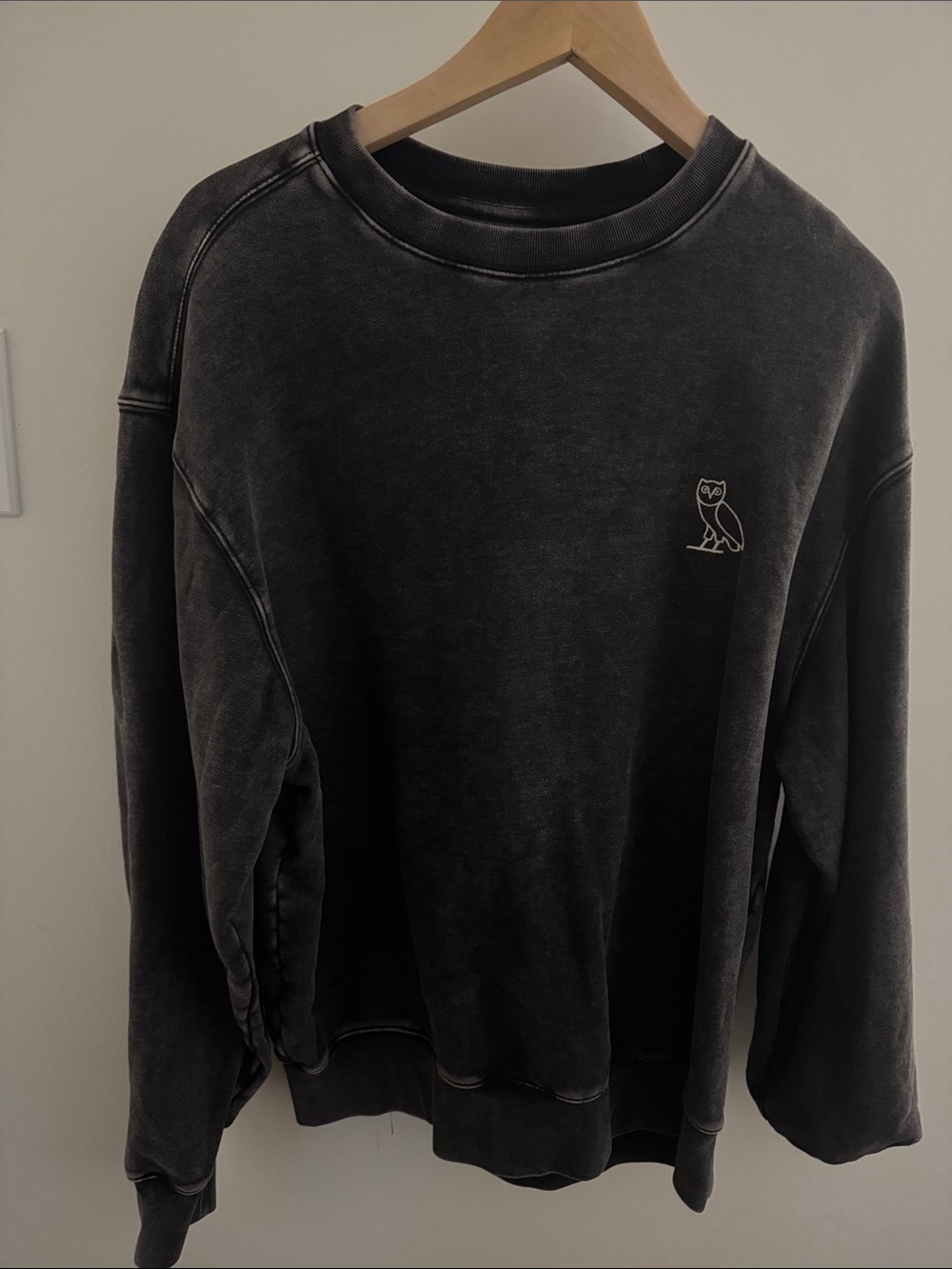 OVO Black Washed Crewneck with Owl Logo